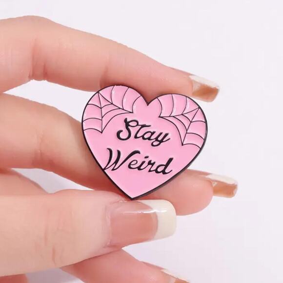 Kawaii Pink Black Spiderweb Heart "Stay Weird" Backpack Tote Bag Denim - Picture 3 of 3